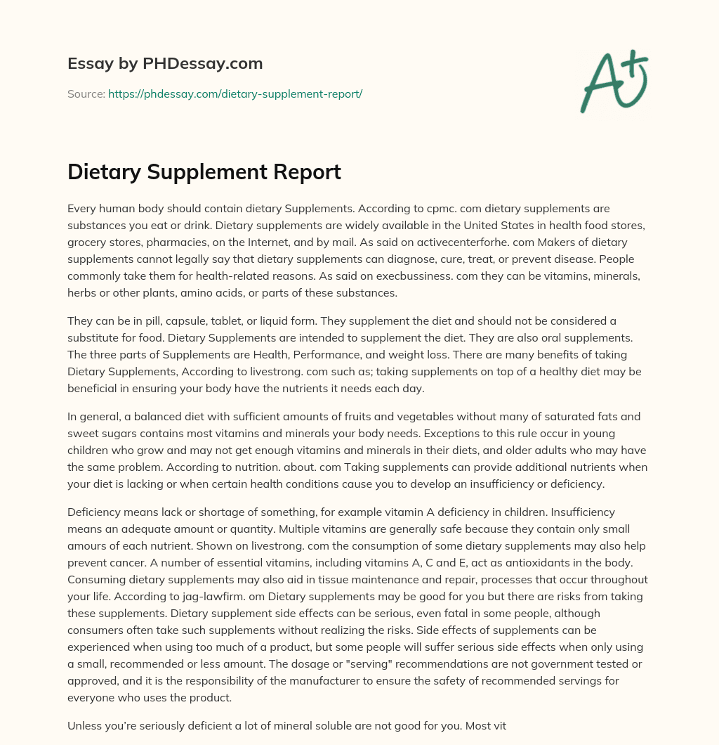 Dietary Supplement Report essay