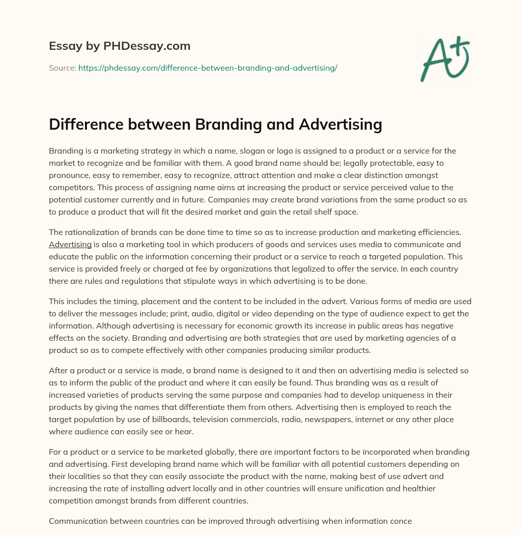 Difference between Branding and Advertising essay