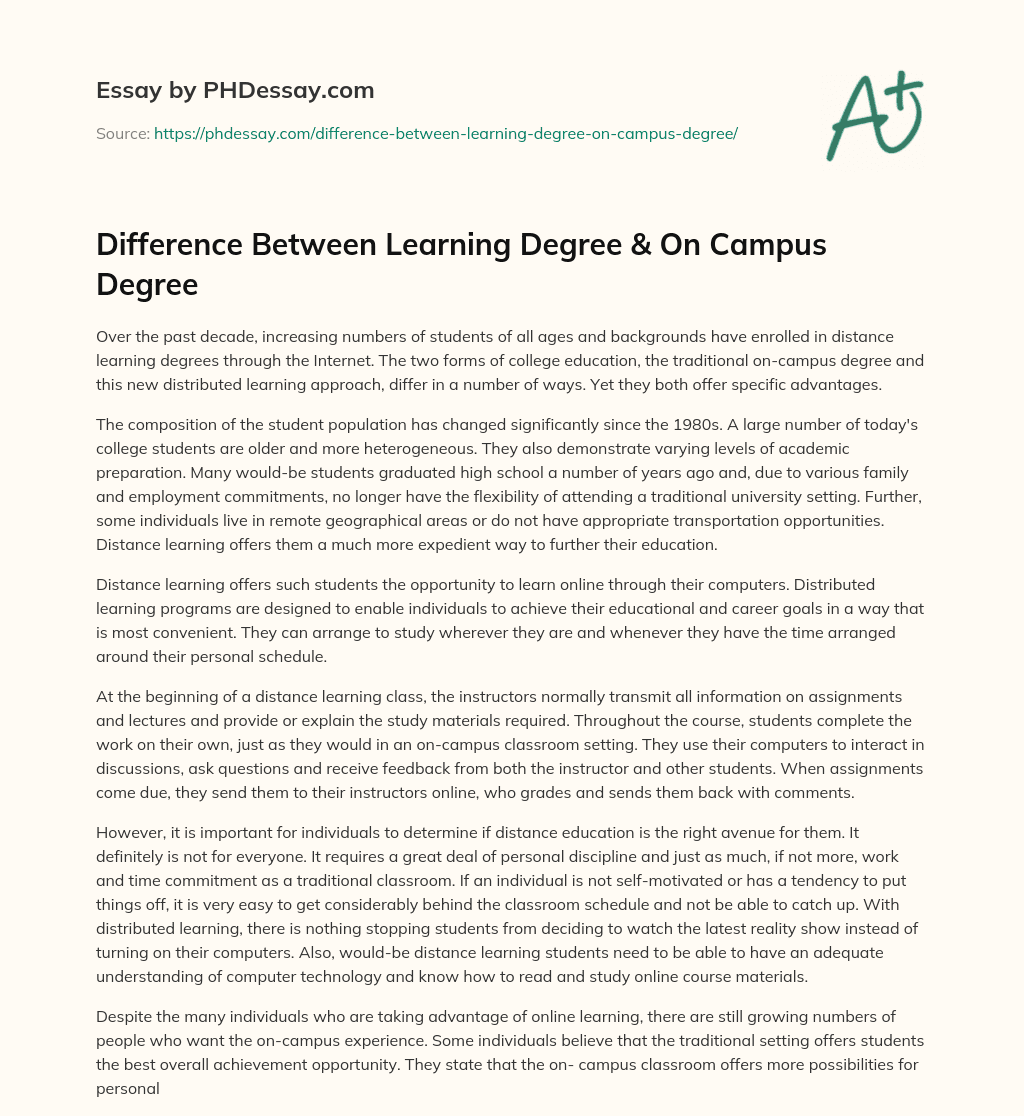 Difference Between Learning Degree & On Campus Degree essay