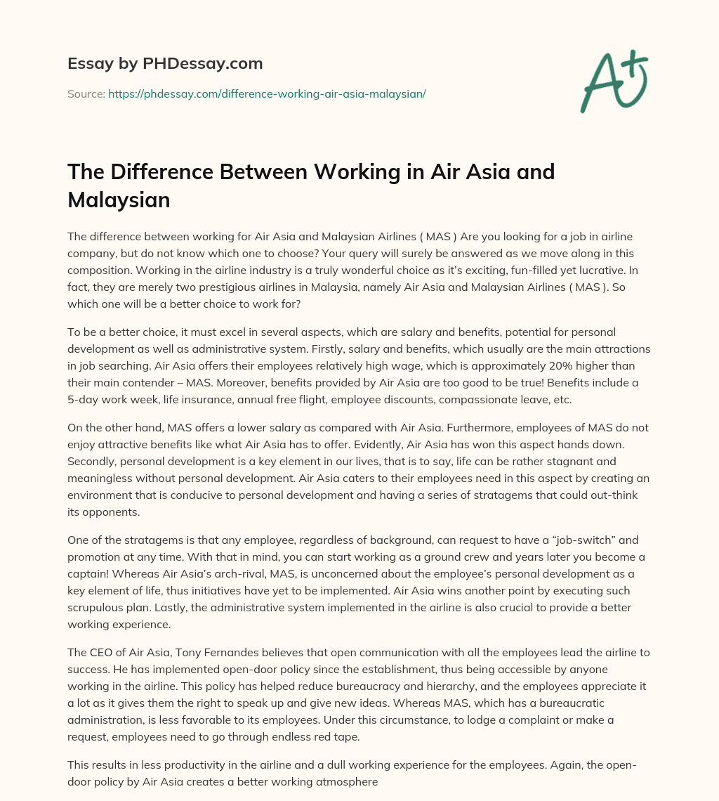 The Difference Between Working in Air Asia and Malaysian essay