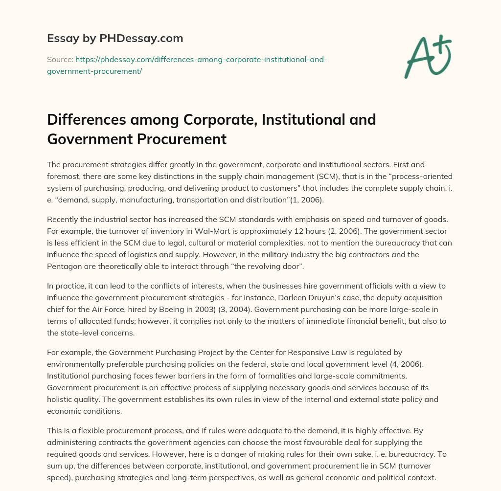 Differences among Corporate, Institutional  and Government Procurement essay