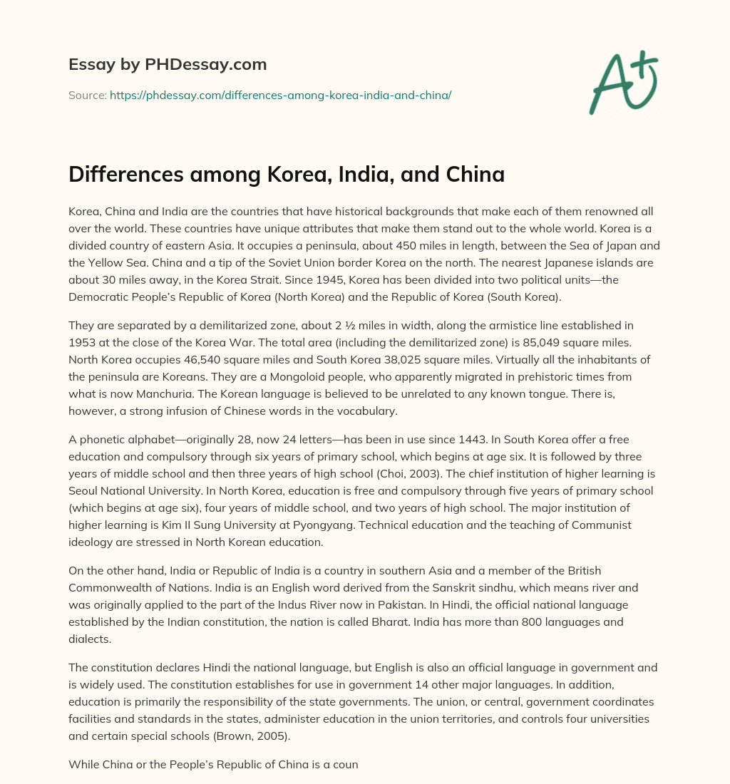 Differences among Korea, India, and China essay