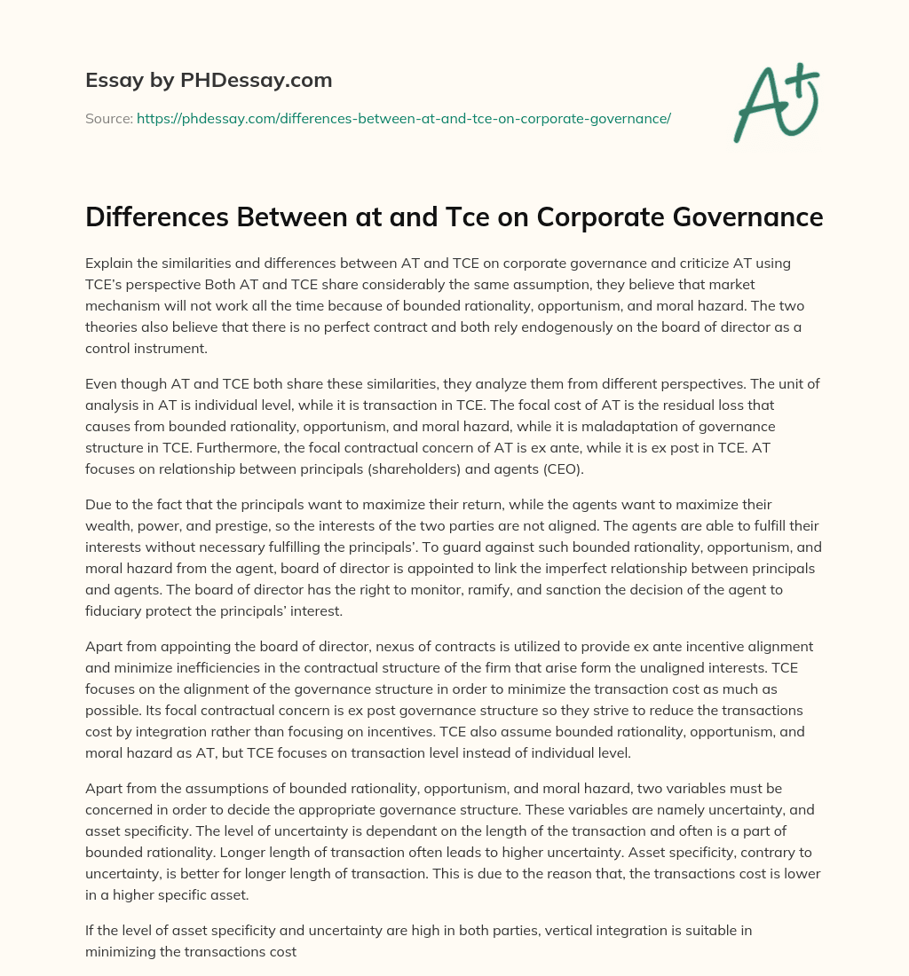 Differences Between at and Tce on Corporate Governance essay