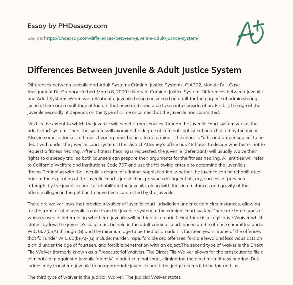 Differences Between Juvenile & Adult Justice System - PHDessay.com