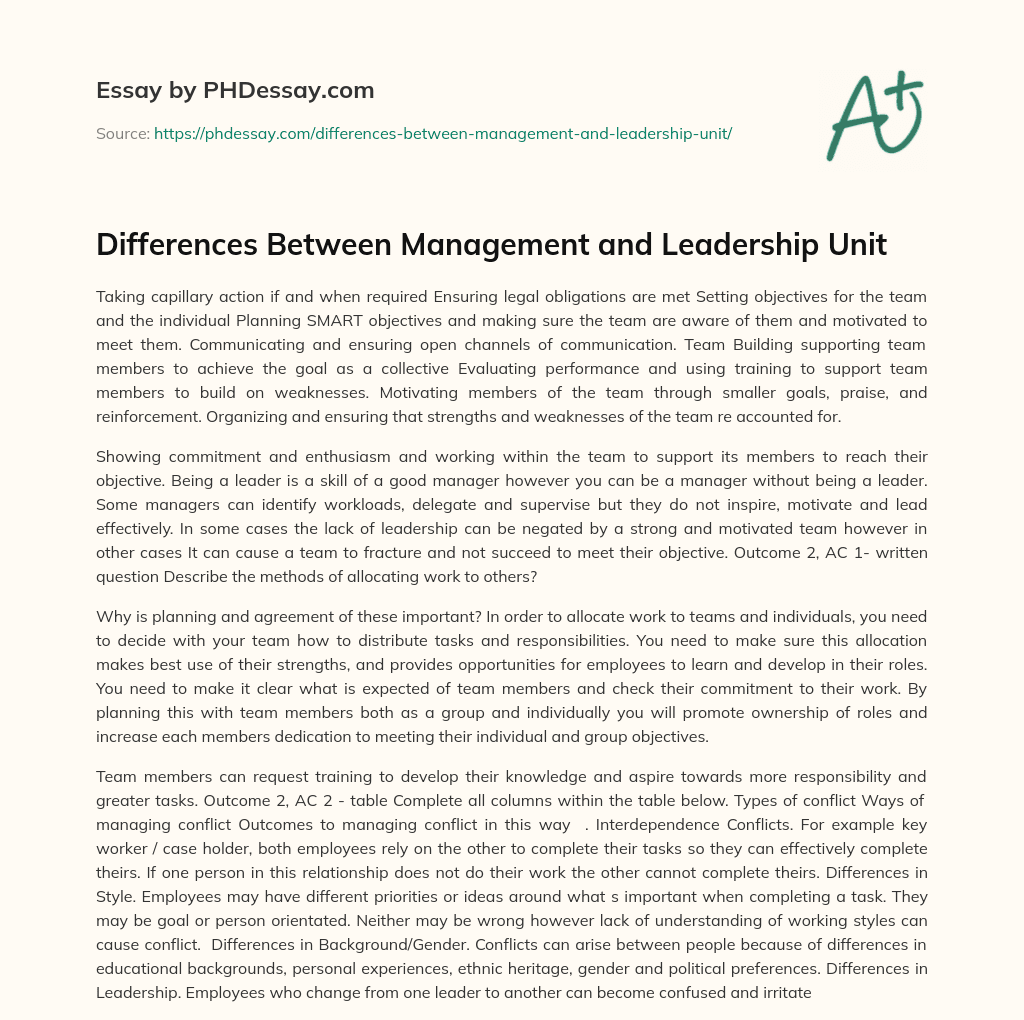 Differences Between Management and Leadership Unit essay