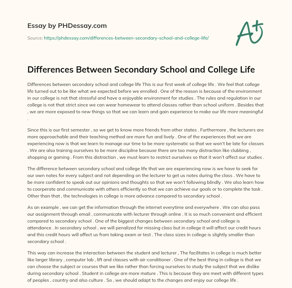 Differences Between Secondary School and College Life essay