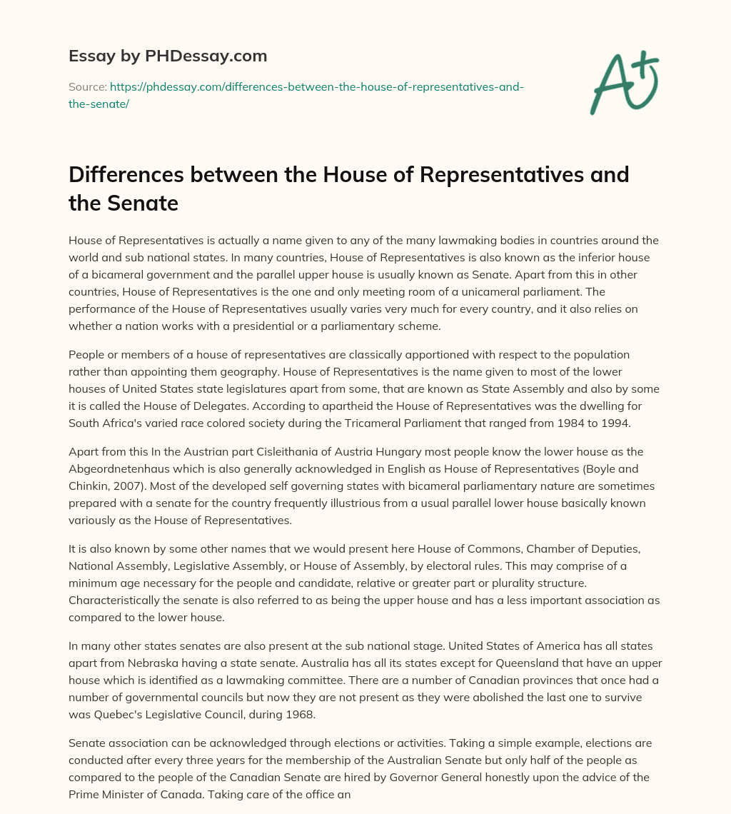 Differences between the House of Representatives and the Senate essay