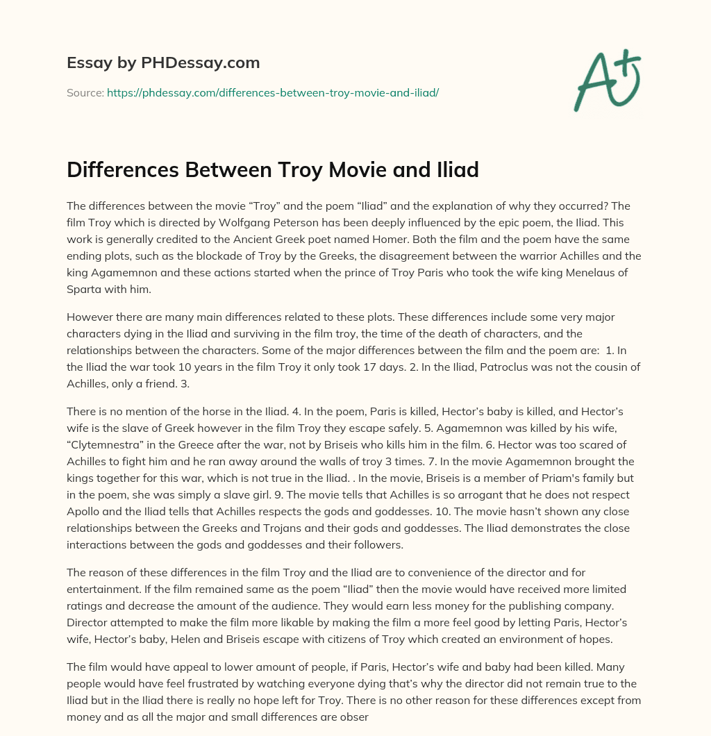 Differences Between Troy Movie and Iliad essay