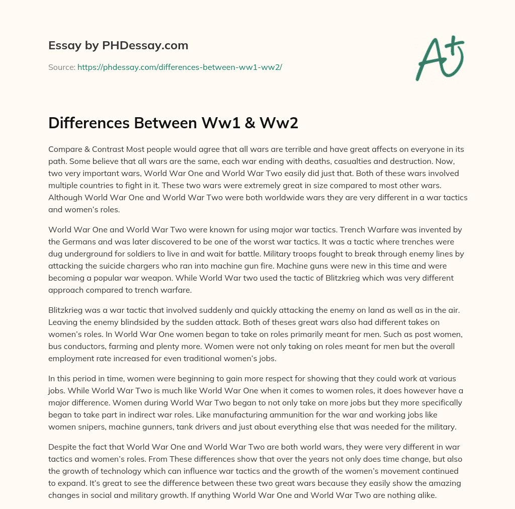 Differences Between Ww1 & Ww2 essay