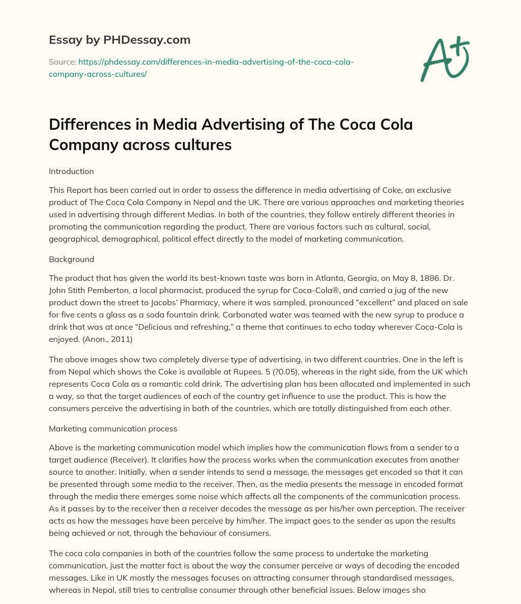 Differences in Media Advertising of The Coca Cola Company across cultures essay