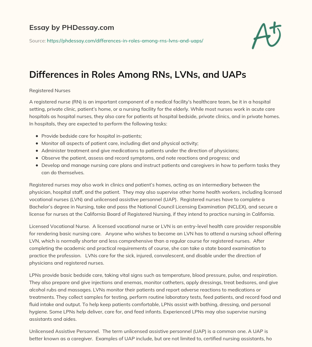 Differences in Roles Among RNs, LVNs, and UAPs essay