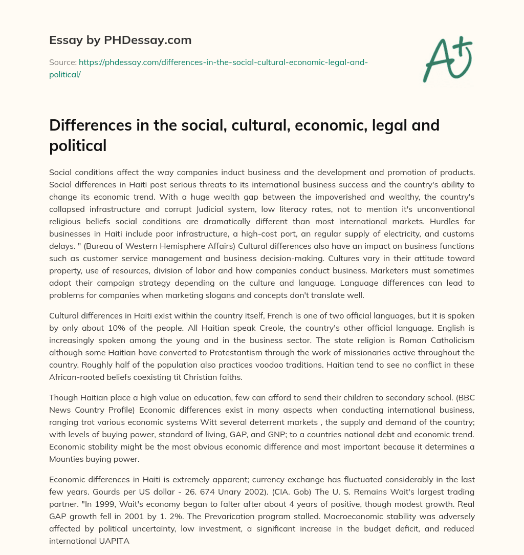 Differences in the social, cultural, economic, legal and political essay