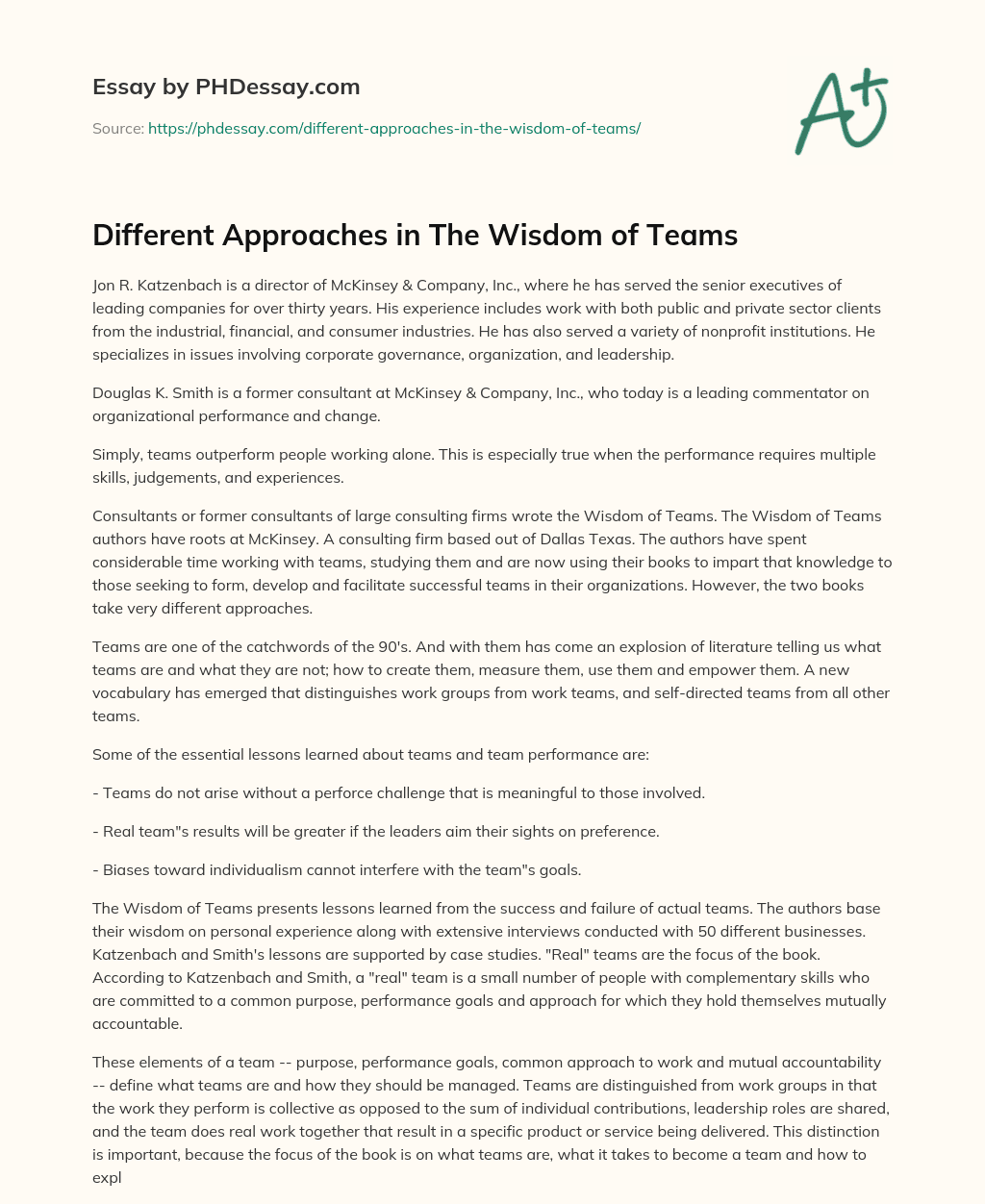 Different Approaches in The Wisdom of Teams essay
