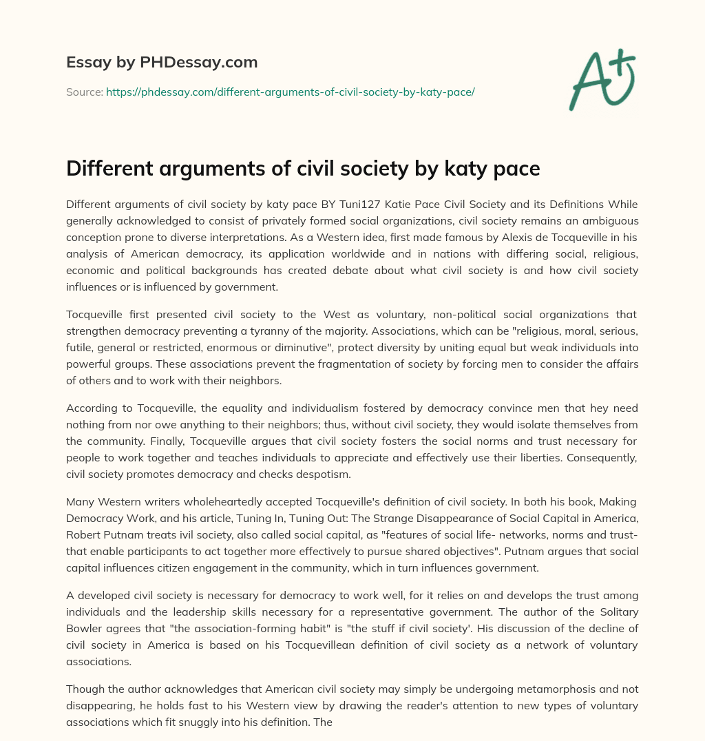 Different arguments of civil society by katy pace essay