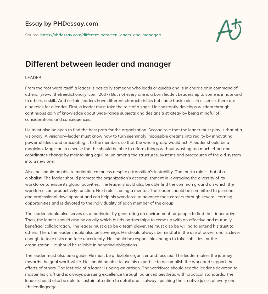 Different between leader and manager essay