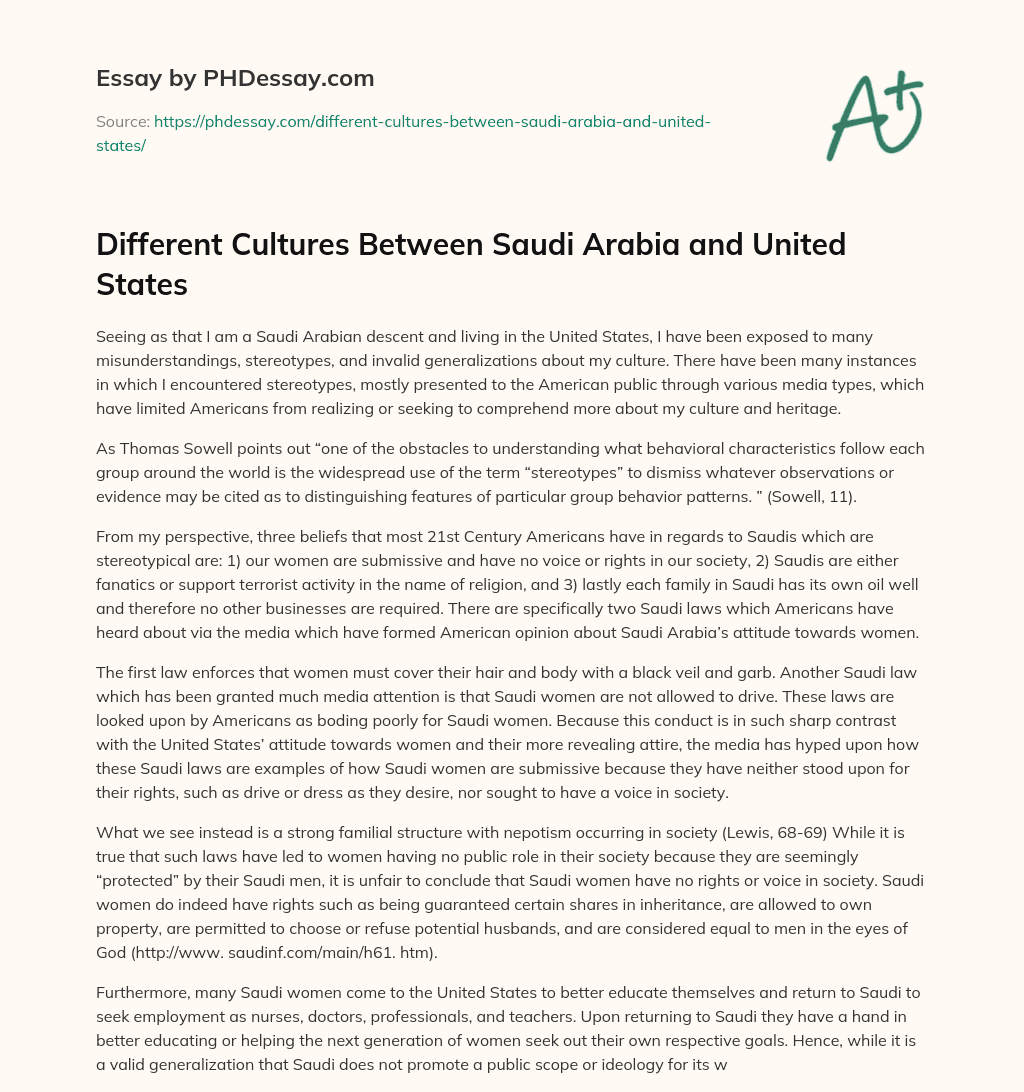 Different Cultures Between Saudi Arabia and United States essay