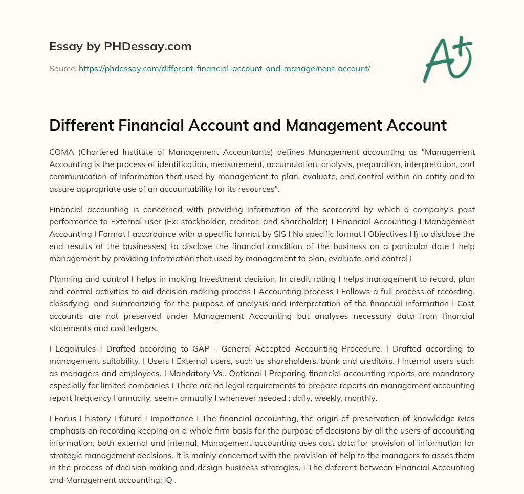 Different Financial Account and Management Account essay