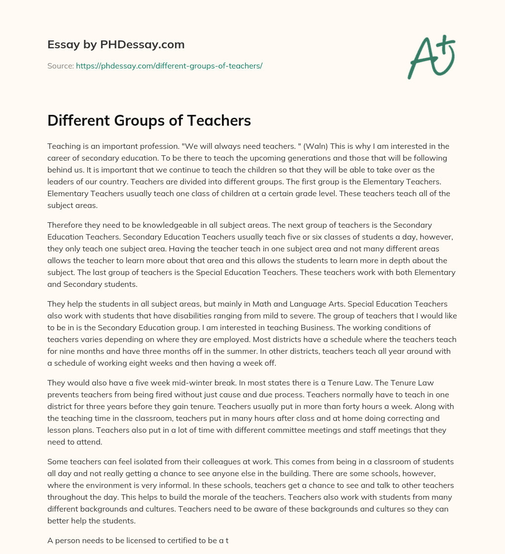 Different Groups of Teachers essay