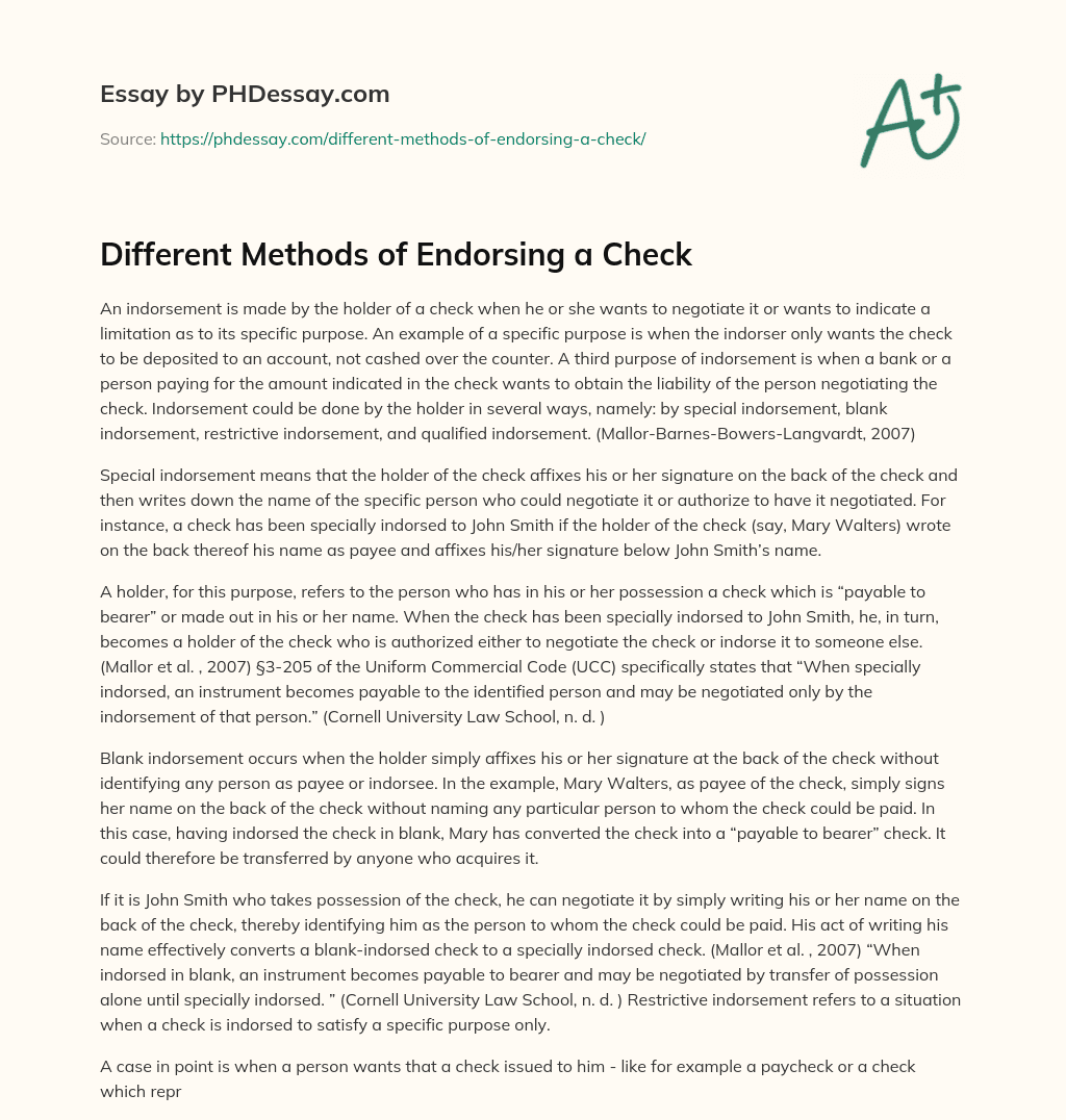 Different Methods of Endorsing a Check essay