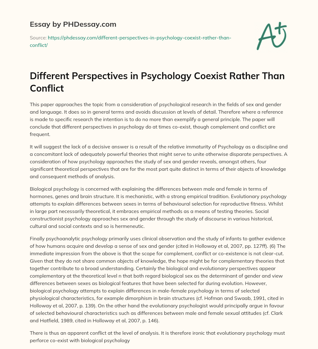 Different Perspectives in Psychology Coexist Rather Than Conflict essay