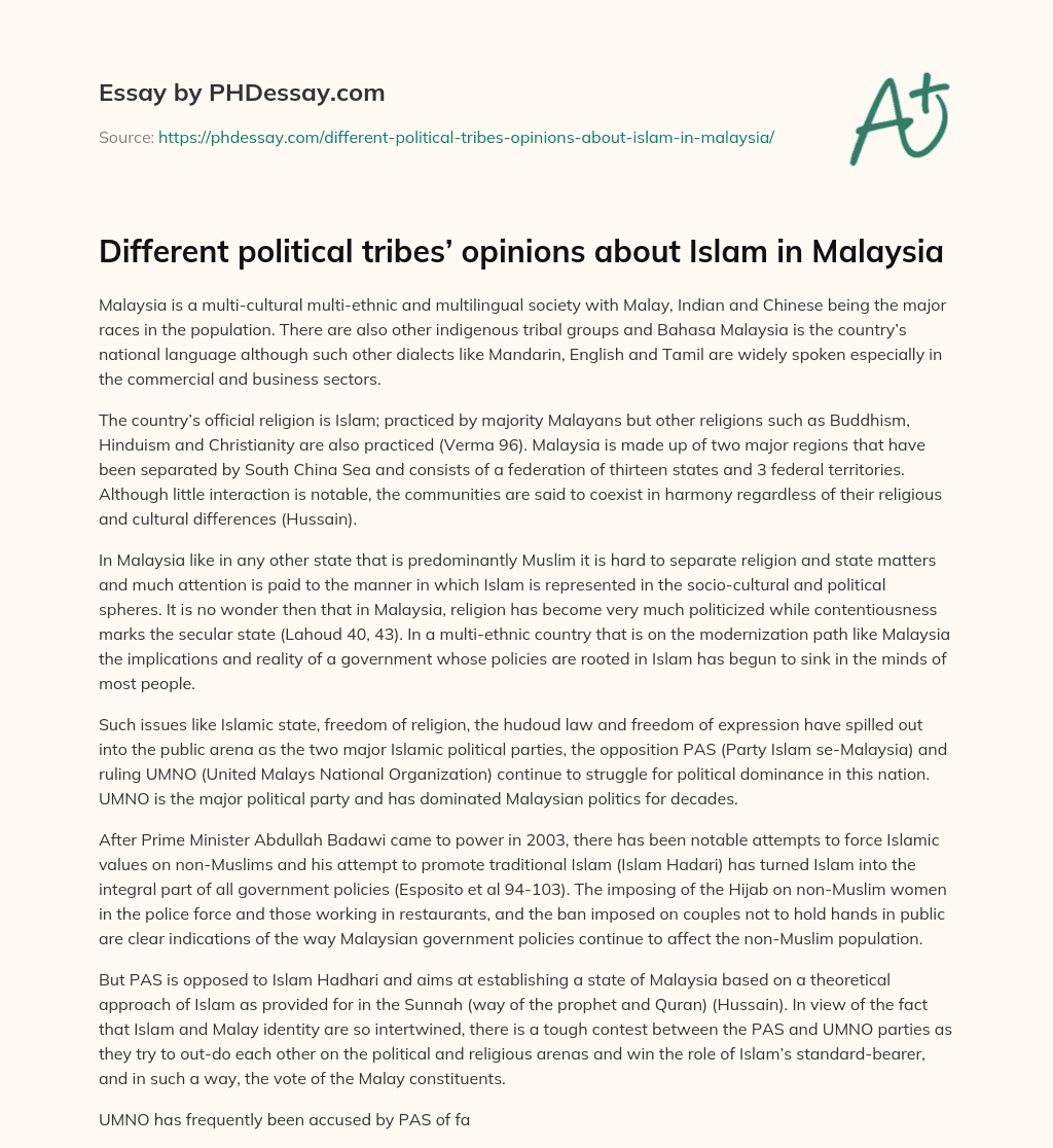 Different political tribes’ opinions about Islam in Malaysia essay