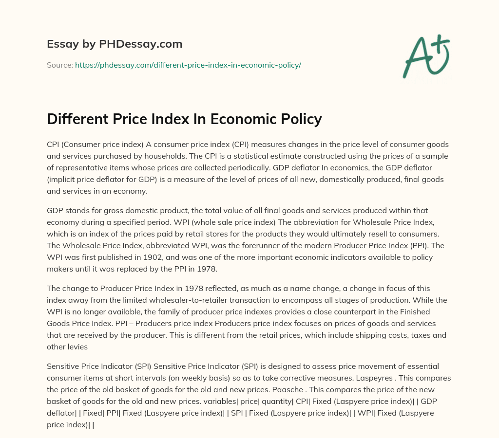 Different Price Index In Economic Policy essay