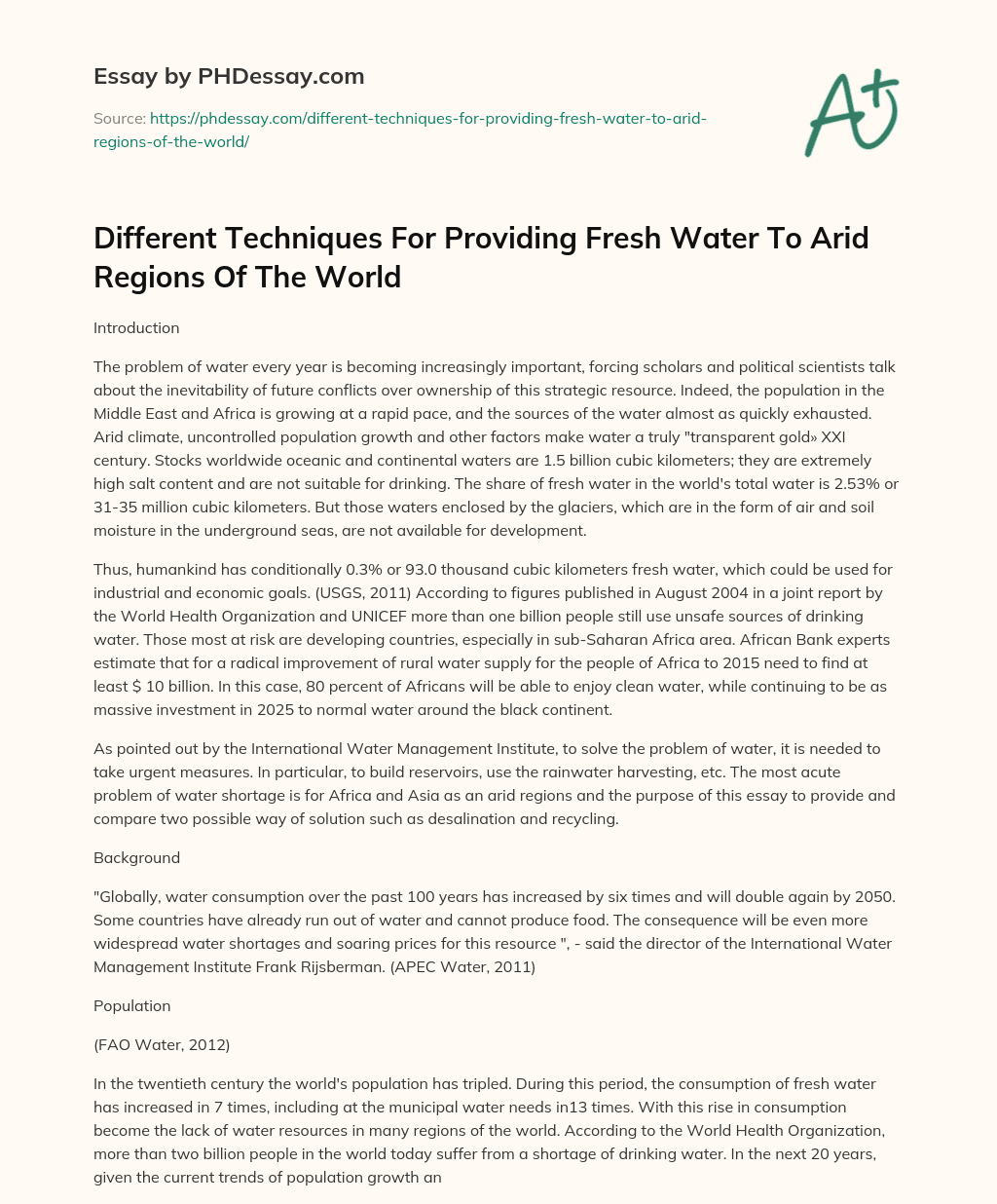 Different Techniques For Providing Fresh Water To Arid Regions Of The World essay