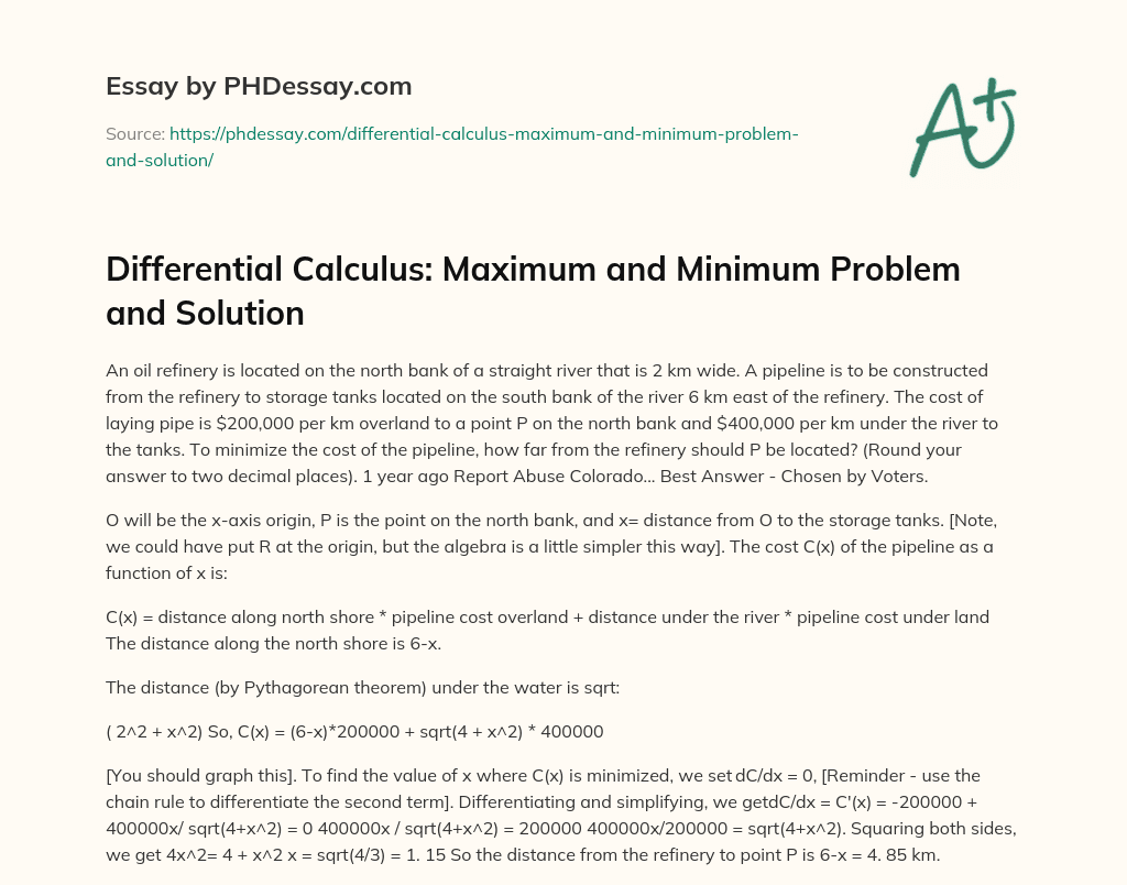 Differential Calculus Maximum and Minimum Problem and Solution (300 Words)