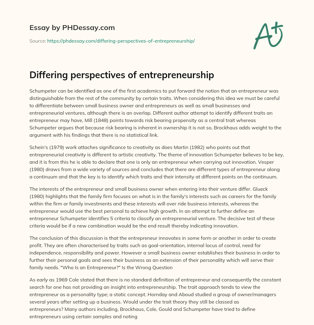 Differing perspectives of entrepreneurship essay