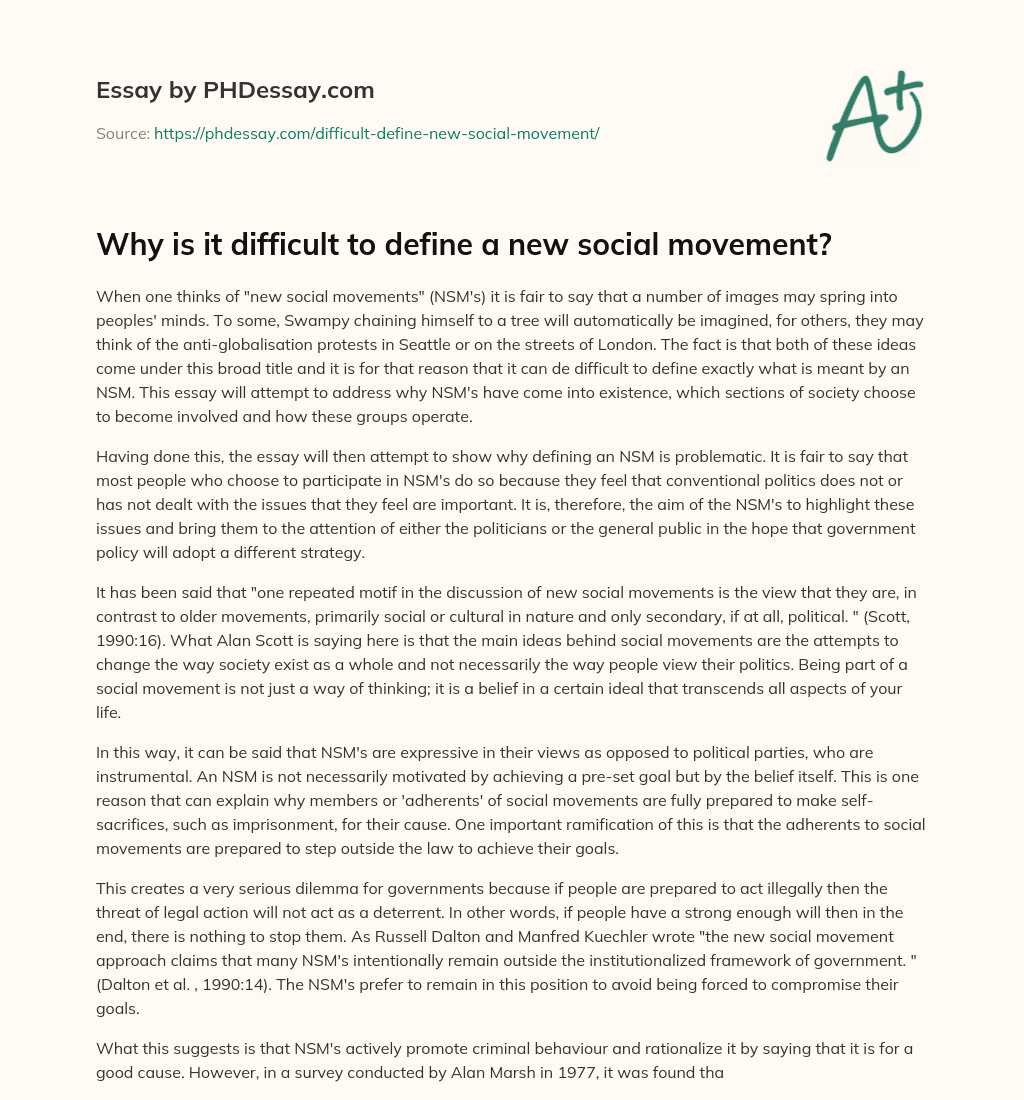 Why is it difficult to define a new social movement? essay