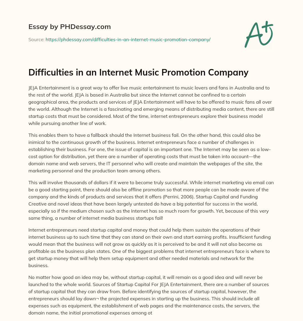 Difficulties in an Internet Music Promotion Company essay