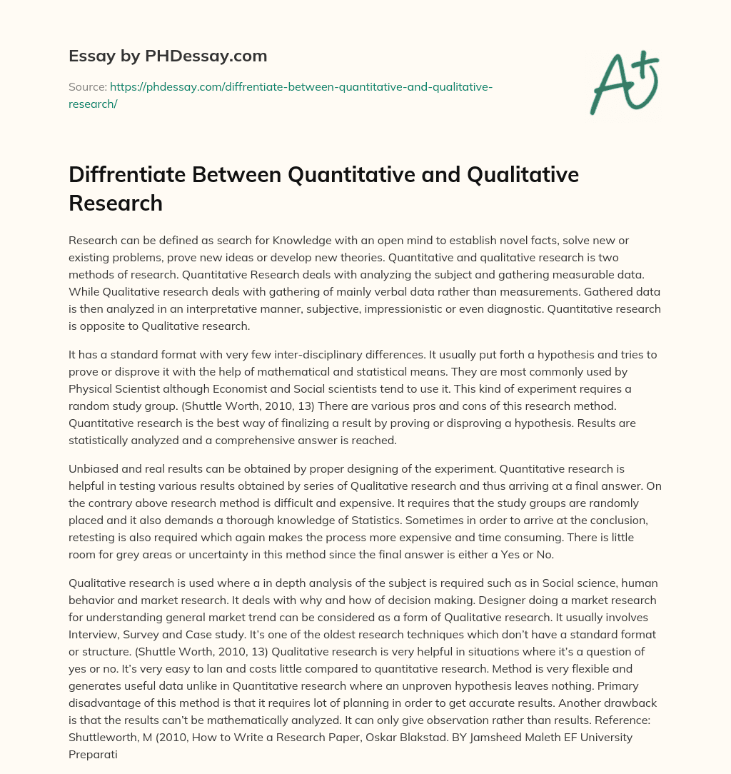 Diffrentiate Between Quantitative and Qualitative Research essay