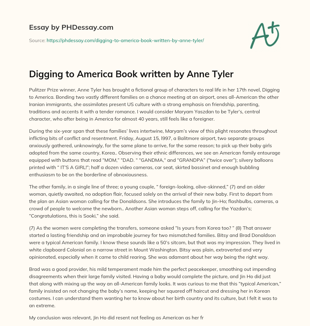 Digging to America Book written by Anne Tyler essay