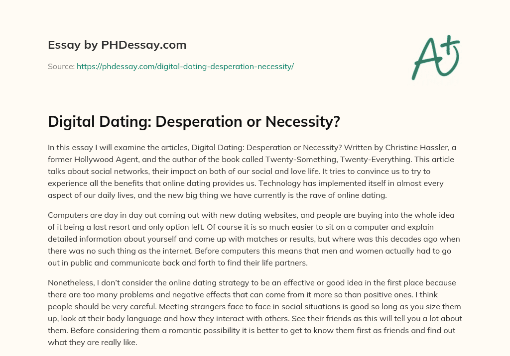 Digital Dating: Desperation or Necessity? essay