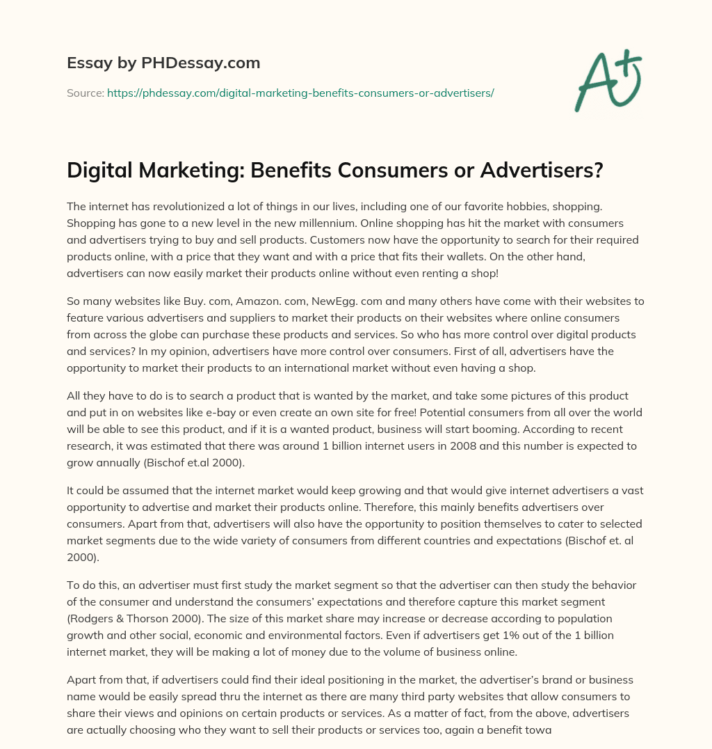 Digital Marketing: Benefits Consumers or Advertisers? essay