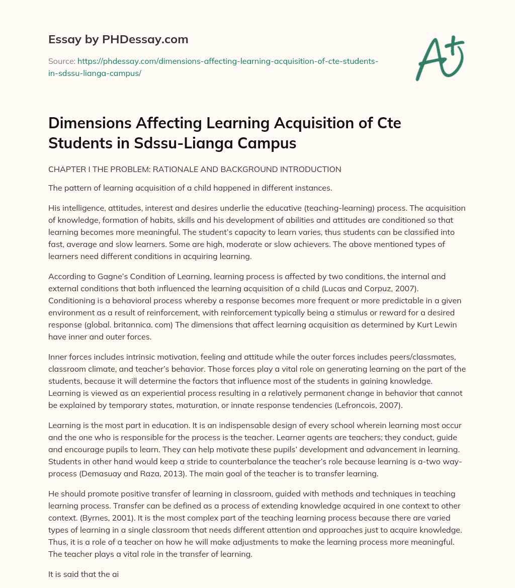 Dimensions Affecting Learning Acquisition of Cte Students in Sdssu-Lianga Campus essay