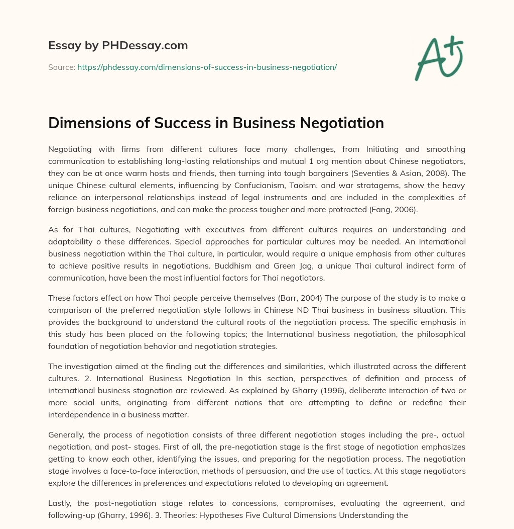 Dimensions of Success in Business Negotiation essay