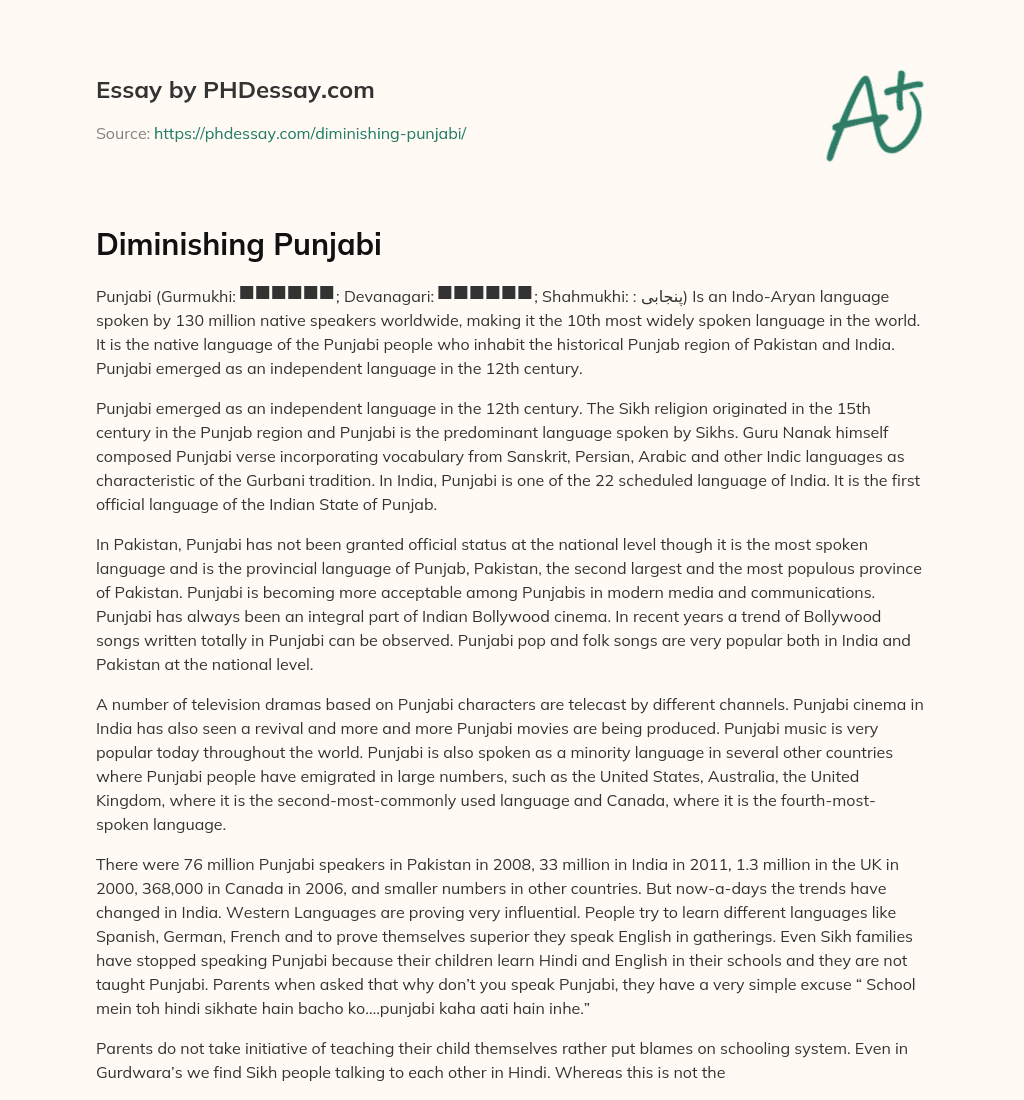 Diminishing Punjabi essay