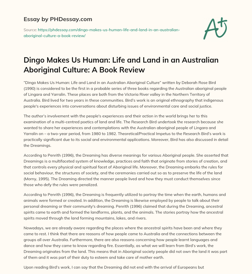Dingo Makes Us Human:  Life and Land in an Australian Aboriginal Culture:  A Book Review essay