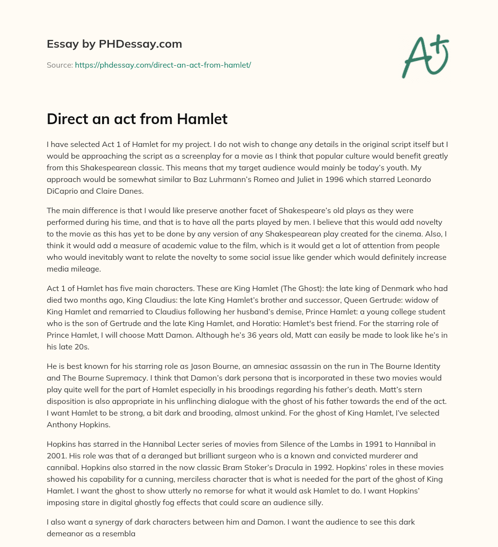 Direct an act from Hamlet essay