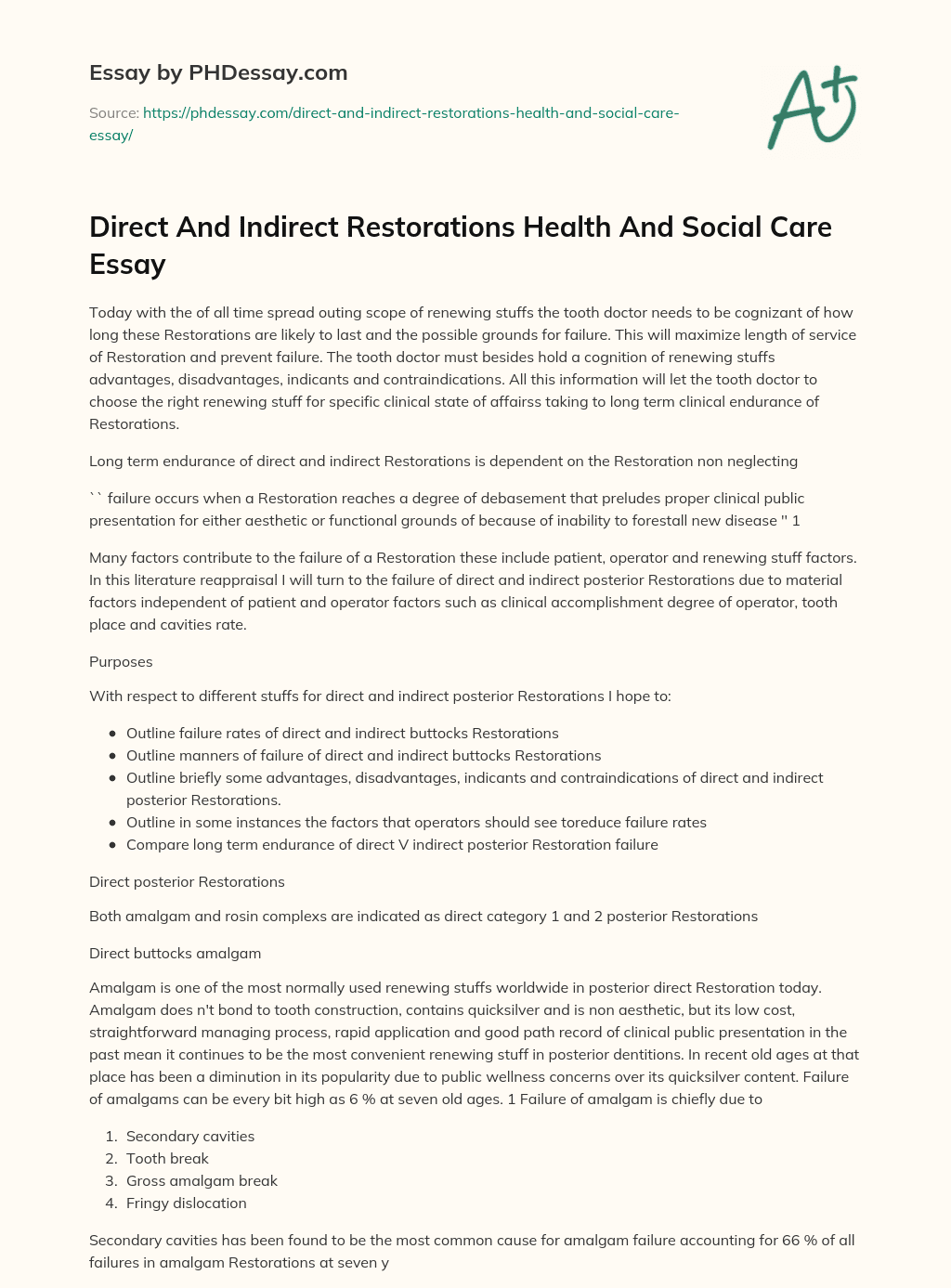 Direct And Indirect Restorations Health And Social Care Essay essay