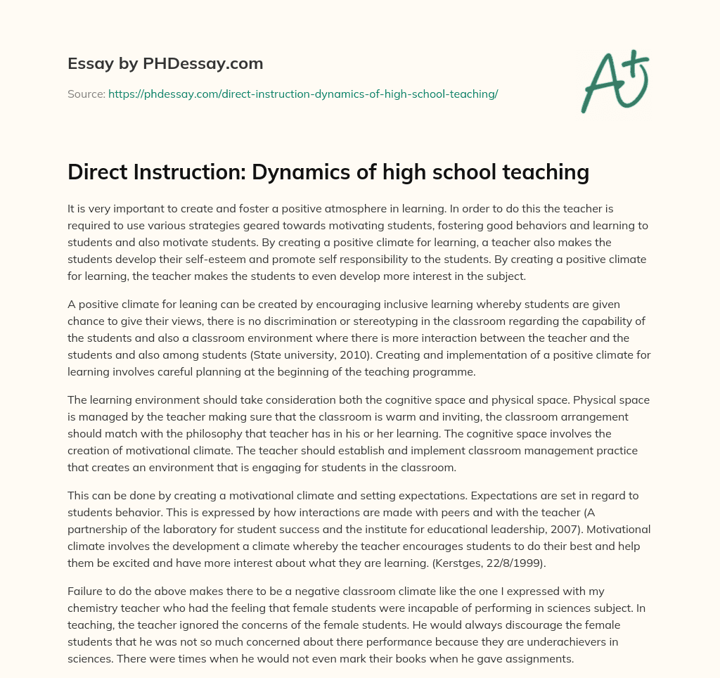 Direct Instruction: Dynamics of high school teaching essay