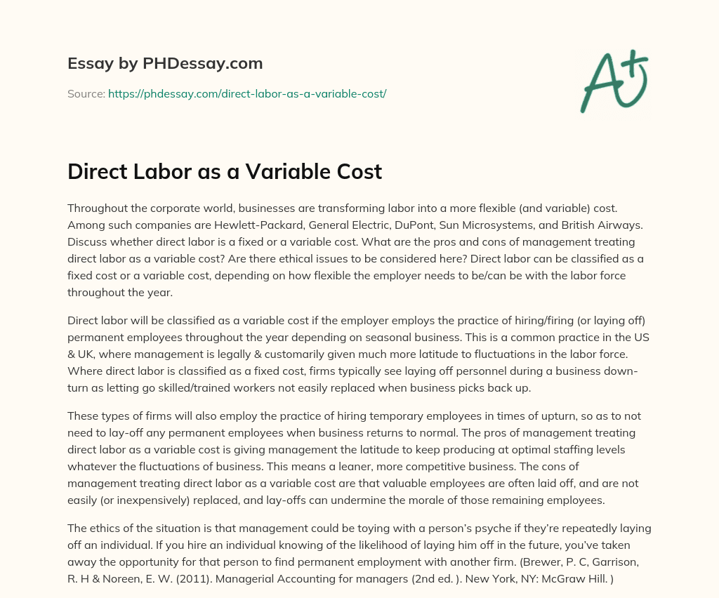 Direct Labor as a Variable Cost (400 Words)