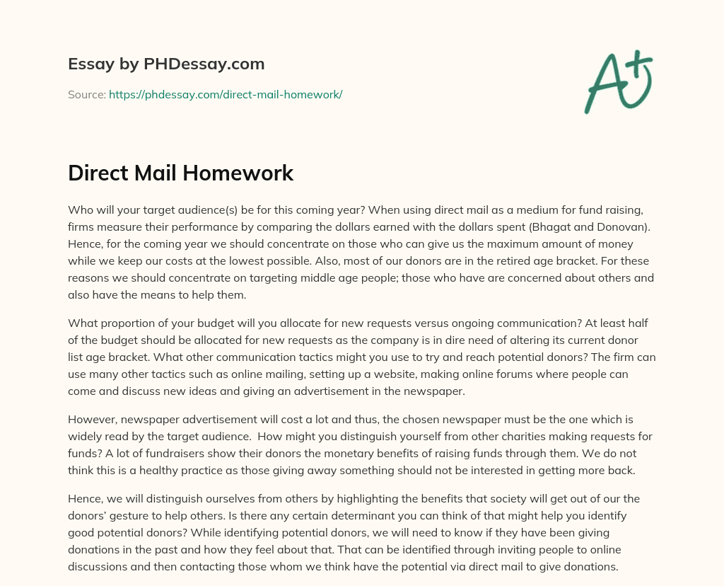 Direct Mail Homework essay