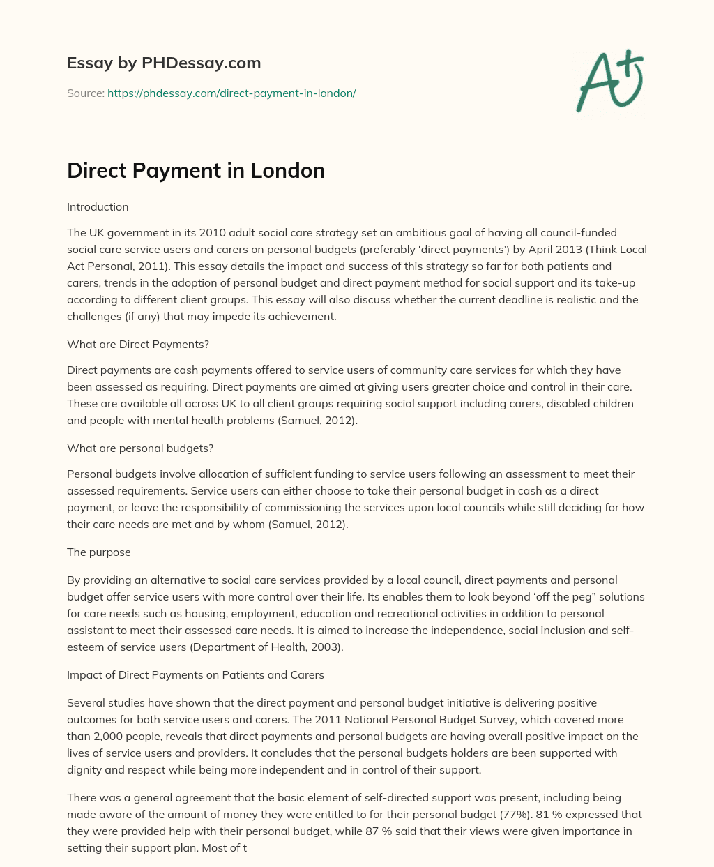 Direct Payment in London essay