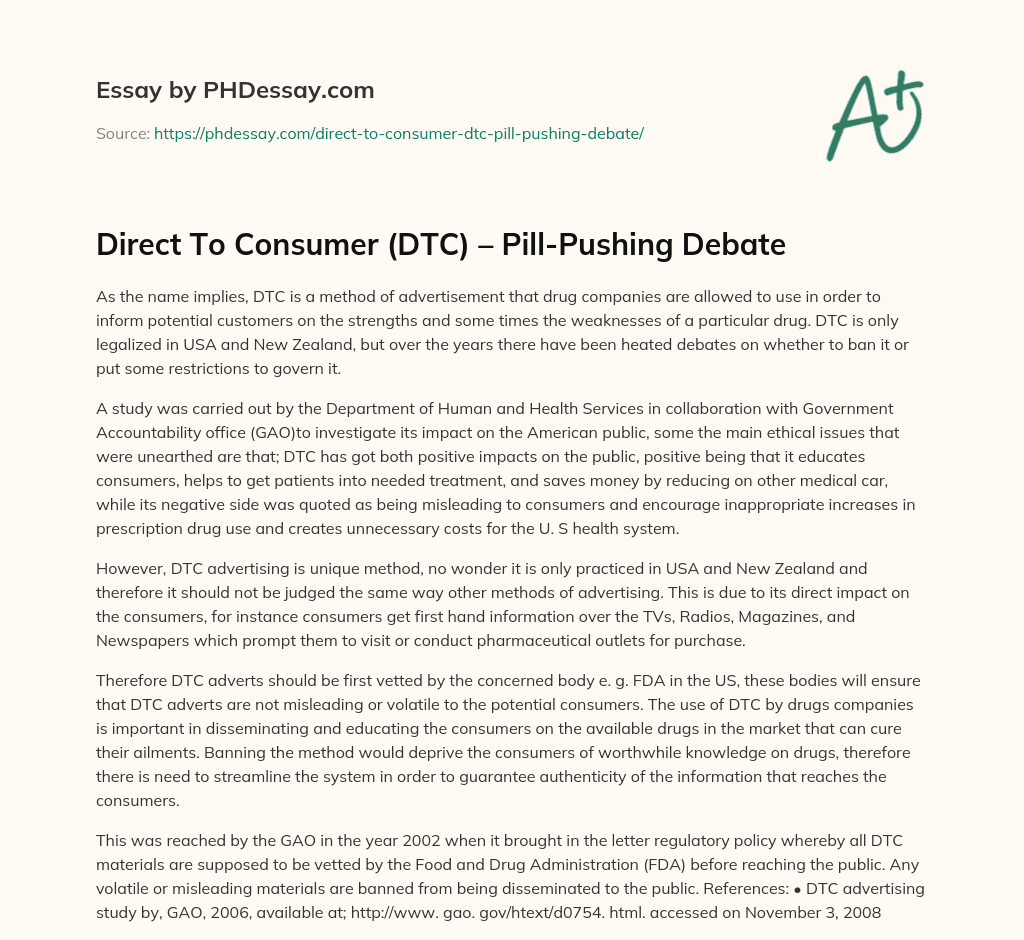 Direct To Consumer (DTC) – Pill-Pushing Debate essay