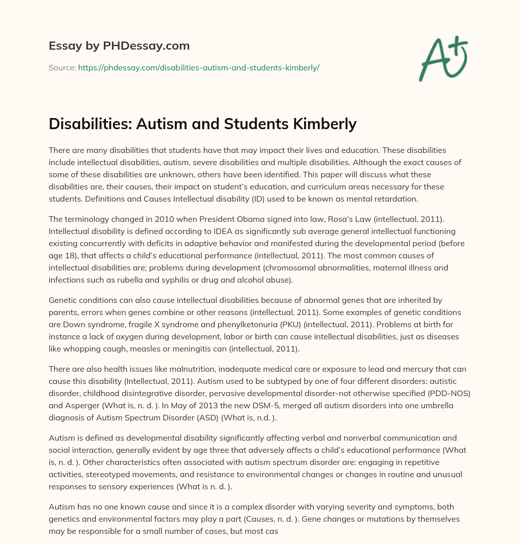 Disabilities: Autism and Students Kimberly essay