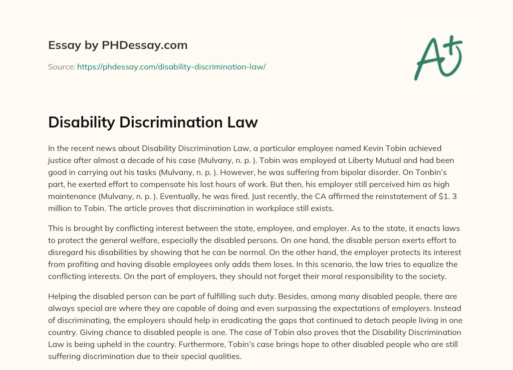 Disability Discrimination Law essay