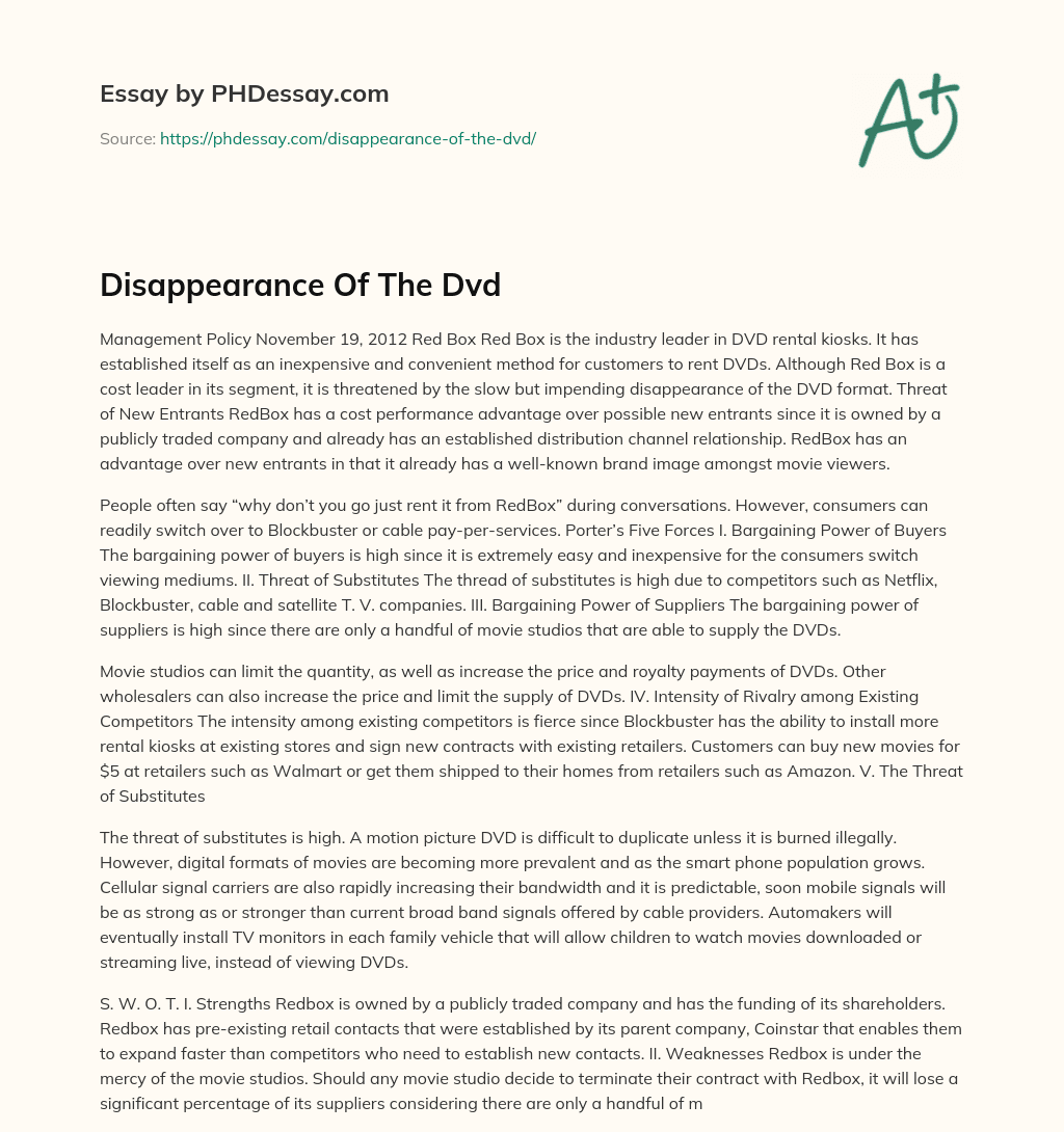 Disappearance Of The Dvd essay