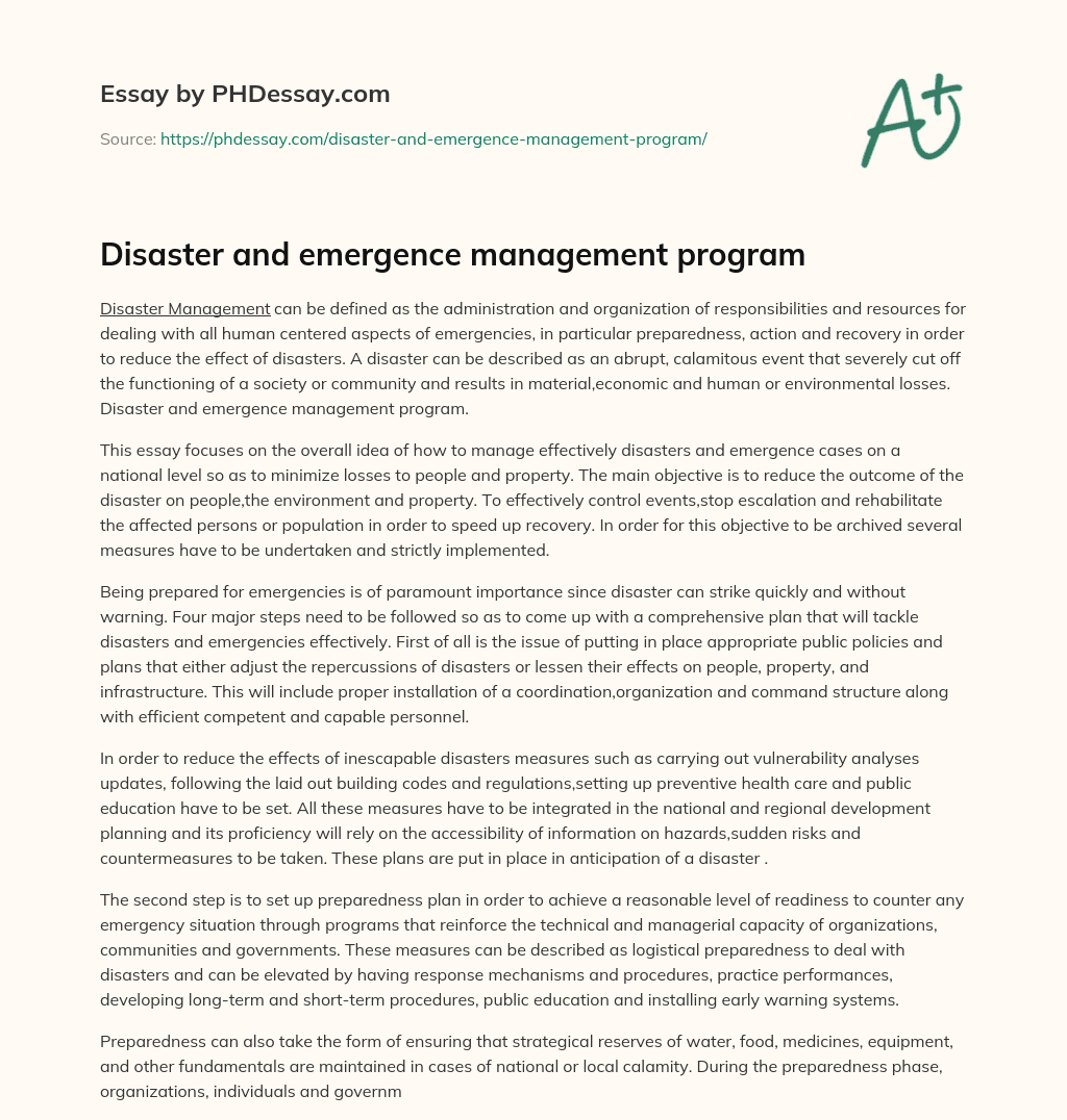 Disaster and emergence management program essay